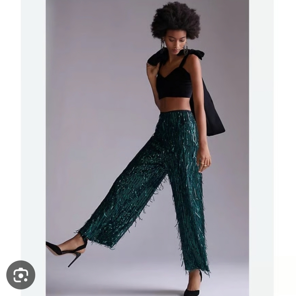 NEW Anthropologie Maeve Fringe Sequined Wide-Leg Pants Green Sequin Fringe Sz 4
